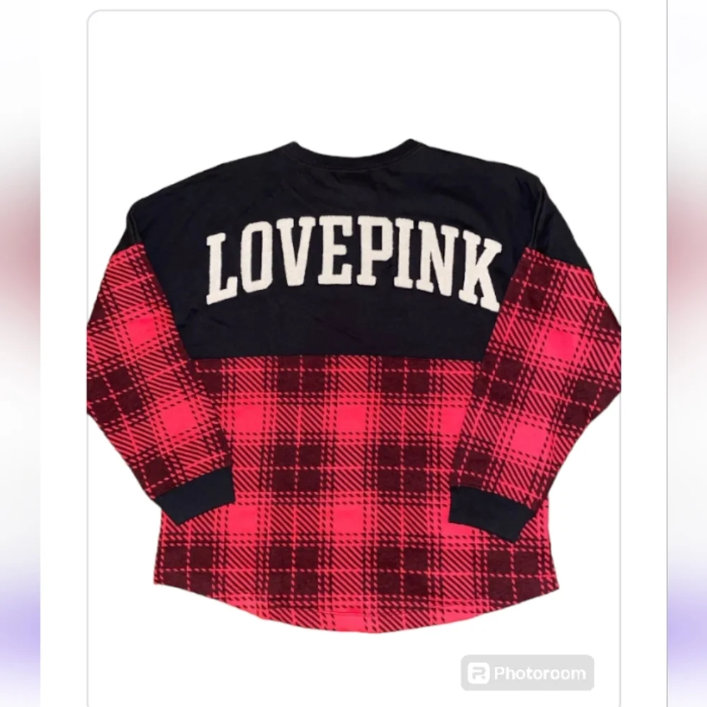 PINK VS Varsity Crewneck Sweatshirt Pure Black Plaid NWT - Picture 3 of 7